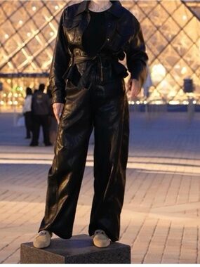 Black Faux Leather Jacket and Wide Leg Pants Set, made in Italy